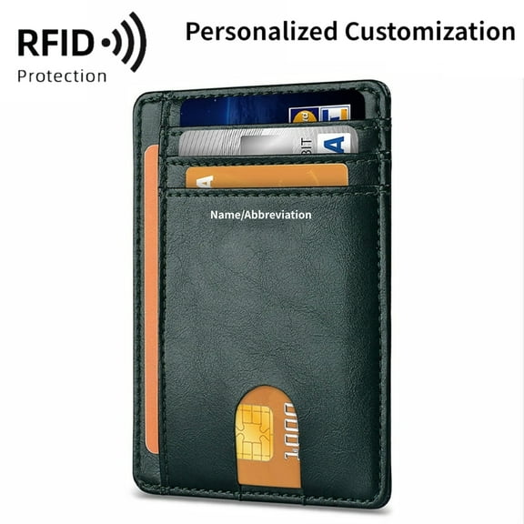 Personalized Customization Engraving Slim Minimalist Front Pocket RFID Blocking 100% Leather Wallets for Men and Women, Dark Green