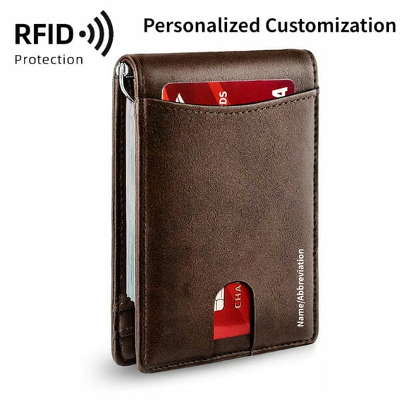 Personalized Customization Engraving Slim Wallet for Men Genuine Leather RFID Blocking Bifold Minimalist Front Pocket Mens Wallet with Money Clip Thin, Brown