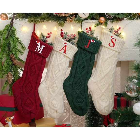 Personalized Customized Christmas Stockings with Initials, 18 Inches Large Embroidered Monogrammed Cable Knit Christmas Stocking for Family, Xmas Holiday Party Gifts & Decoration for Fireplace