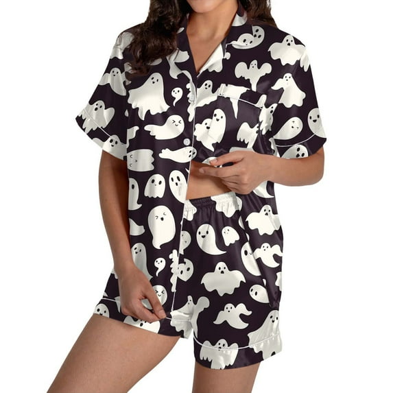 Personalized Customized Clothing DIY Pajamas for Women Set 2 Piece Halloween Short Sleeve Sleepwear Graphic Printed Cute Buttons Tops Shorts Silk Satin Pajama Set