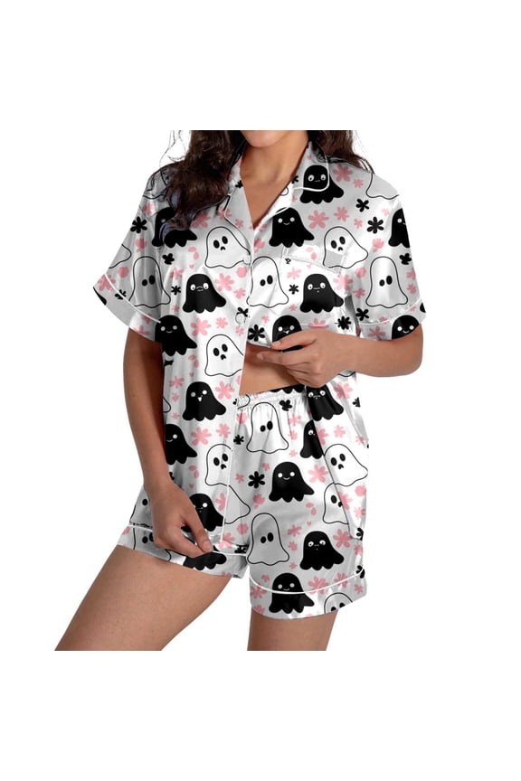 Personalized Customized Clothing DIY Womens Pajama Sets 2 Piece Halloween Short Sleeve Sleepwear Button Down Shirt And Shorts Loungewear Comfortable Soft Silk Satin Pajama Set