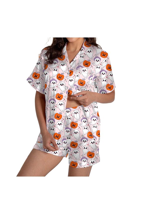 Personalized Customized Clothing DIY Womens Pajama Sets 2 Piece Halloween Short Sleeve Sleepwear Graphic Button Down Shorts Silk Satin Pajama Set