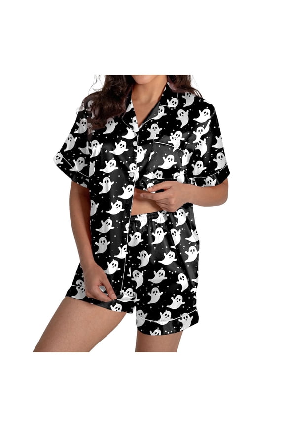 Personalized Customized Clothing DIY Womens Pajama Sets 2 Piece Halloween Short Sleeve Sleepwear Graphic Button Down Shorts Silk Satin Pajama Set