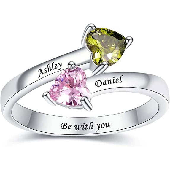 Personalized Customized Ring for Women Love Heart Promise Rings 925 Sterling Silver Name Ring with Simulated Birthstones and Custom Text Engraved