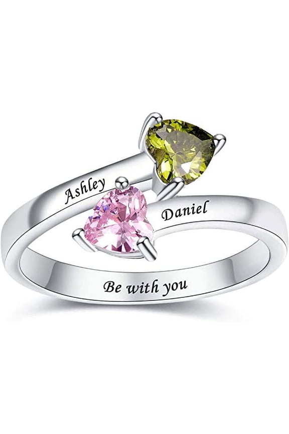 Personalized Customized Ring for Women Love Heart Promise Rings 925 Sterling Silver Name Ring with Simulated Birthstones and Custom Text Engraved