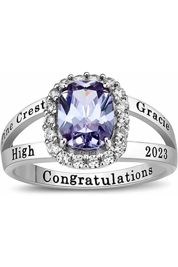 Personalized Customized Sterling Silver Split shank Band Women’s High School Class Ring Gem Collection cubic zirconia Birthstone class rings graduation gifts