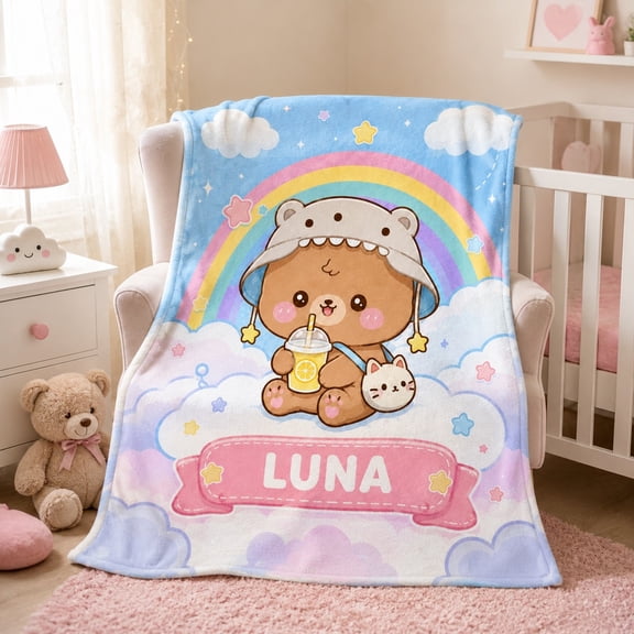 Personalized Cute Bear Fleece Blanket, Custom Name Soft Polyester Fleece Throw, 280 GSM, 30x40 to 60x80 In