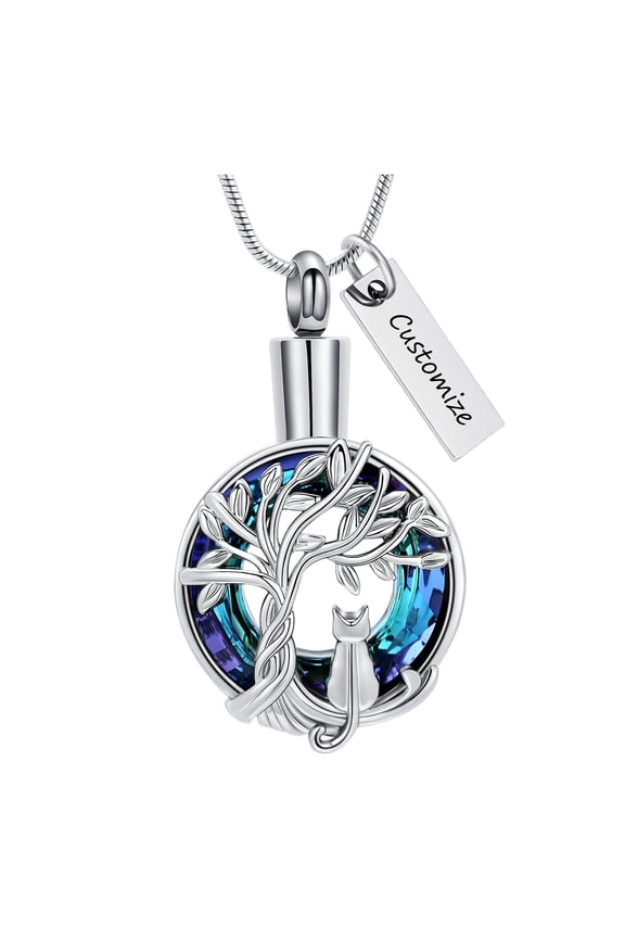 Personalized Cute Cat Urn Necklace for Ashes with Crystal Ring Pet Cremation Keepsake Memorial Jewelry for Ashes for Cat Lover