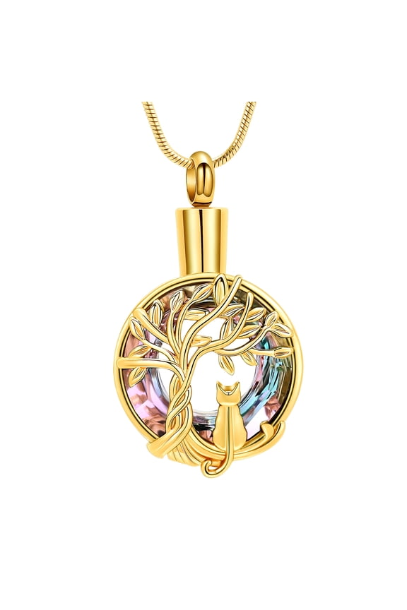 Personalized Cute Cat Urn Necklace for Ashes with Crystal Ring Pet Cremation Keepsake Memorial Jewelry for Ashes for Cat Lover