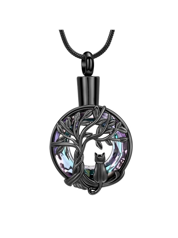 Personalized Cute Cat Urn Necklace for Ashes with Crystal Ring Pet Cremation Keepsake Memorial Jewelry for Ashes for Cat Lover