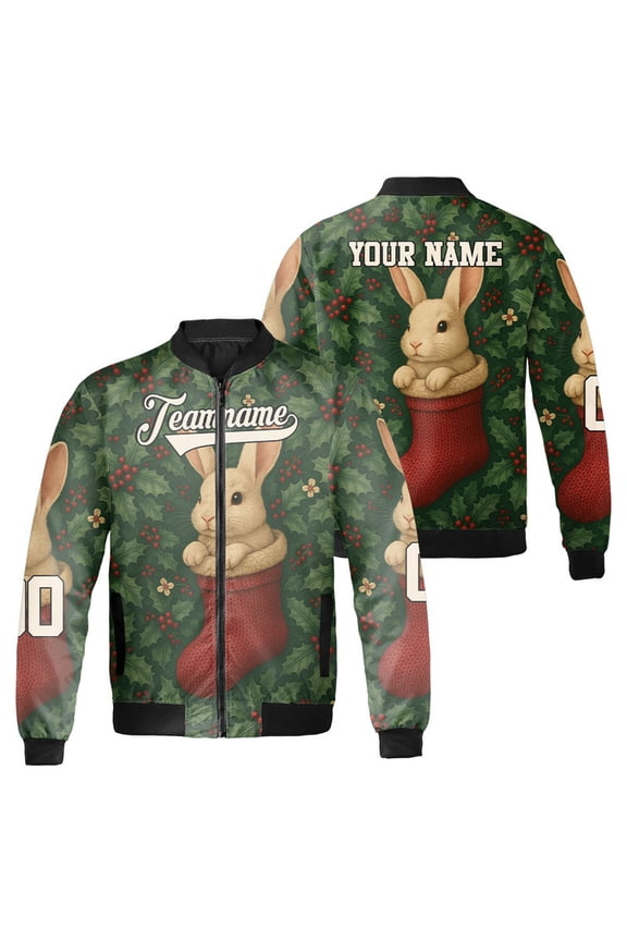 Personalized Cute Christmas Bunny in Stocking Bomber Jacket – Holiday Rabbit Print – Custom Unisex Winter Zip Up Coat – Festive Xmas Outerwear for Men & Women