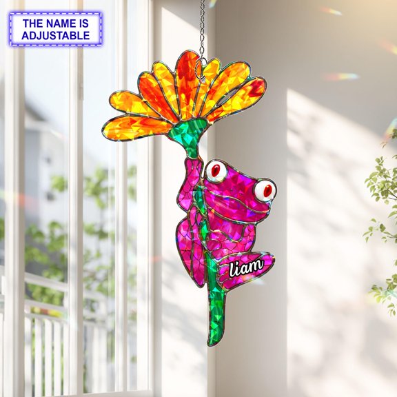 Personalized Cute Frog Acrylic Suncatcher, Custom Name Holographic Window Hanging Decor, Garden and Nature Lover Gift