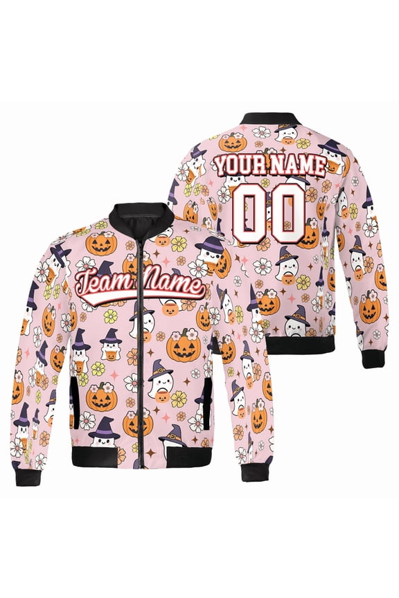 Personalized Cute Halloween Bomber Jacket – Custom Team Name & Number – Kawaii Cow Pumpkin Pink Fall Outfit for Groups