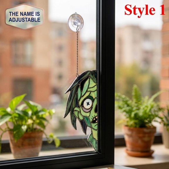 Personalized Cute Peeking Zombie Acrylic Suncatcher, Custom Name Faux Stained Glass Window Hanging Decor, Halloween Home Decor