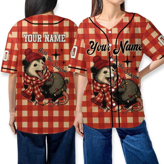 Personalized Cute Possum Merry Christmas Baseball Jersey – Custom Name Holiday Baseball Jersey for Men and Women – Plaid Xmas Animal Shirt