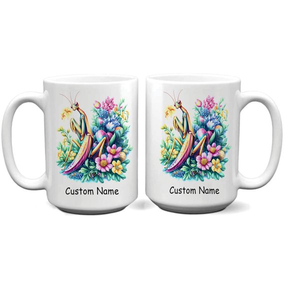 Personalized Cute Praying Mantis Coffee Mug 11oz 15oz - Custom Name Ceramic Cup - Gift for Praying Mantis Lovers, Parents, Girlfriend, Siblings, Kids, Nature Enthusiasts, Bug Fans