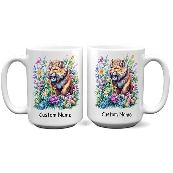 Personalized Cute Saber-Toothed Cat Coffee Mug 11oz 15oz - Custom Name Ceramic Cup - Prehistoric Gift for Big Cat Lovers, Parents, Girlfriend, Siblings, Kids, Fossil Enthusiasts
