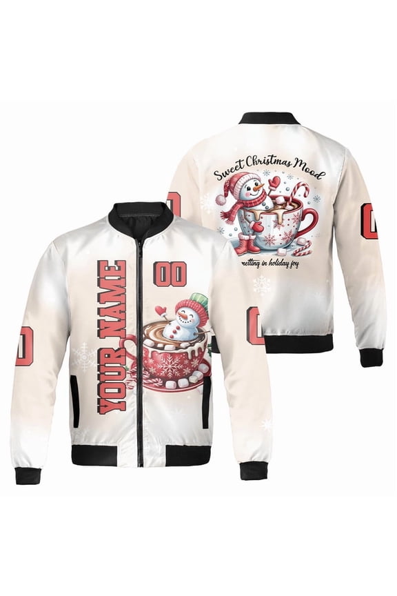 Personalized Cute Snowman in Hot Cocoa Cup Christmas Bomber Jacket – “Sweet Christmas Mood” Graphic – Holiday Zip Jacket for Men & Women
