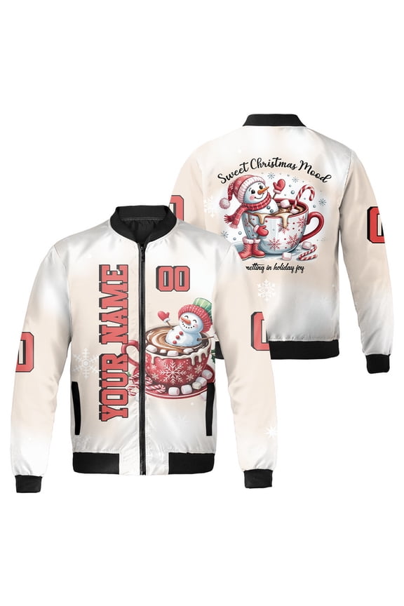 Personalized Cute Snowman in Hot Cocoa Cup Christmas Bomber Jacket – “Sweet Christmas Mood” Graphic – Holiday Zip Jacket for Men & Women