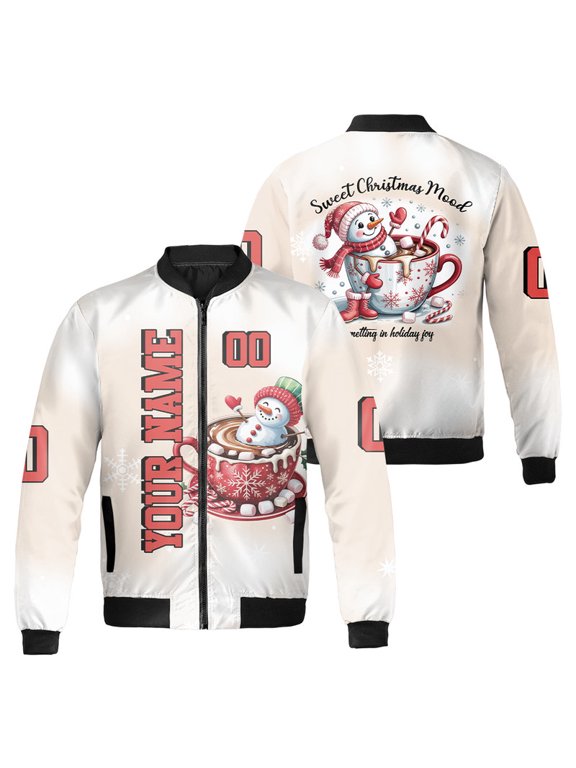 Personalized Cute Snowman in Hot Cocoa Cup Christmas Bomber Jacket – “Sweet Christmas Mood” Graphic – Holiday Zip Jacket