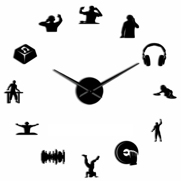 Personalized DJ Silouette Frameless Wall Clock Stickers, DIY Modern Decorative Clocks for Living Room, Bedroom, Office - Easy to Install, Large 3D Clock Design (Black,27in)