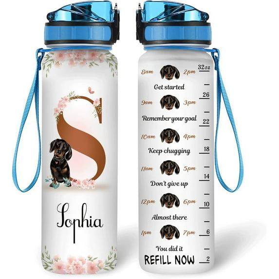 Personalized Dachshund Lovers 32 Oz 1Liter Motivational Water Bottle, Dachshunds Customized Name Water Bottle With Time Marker, Dog Pet Lovers Gifts For Women Girl On Birthday, Mother Day's