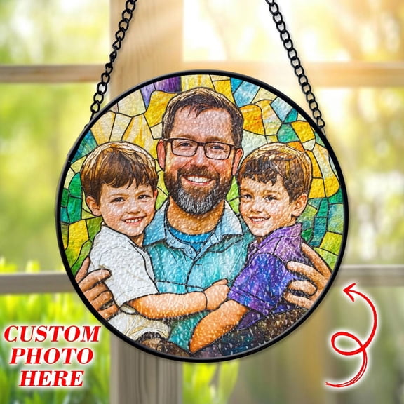 Personalized Dad And Kids Portrait Faux Stained Glass, Custom Portrait From Photo Window Hanging, Father's Day Gift For Daddy, Birthday Dad