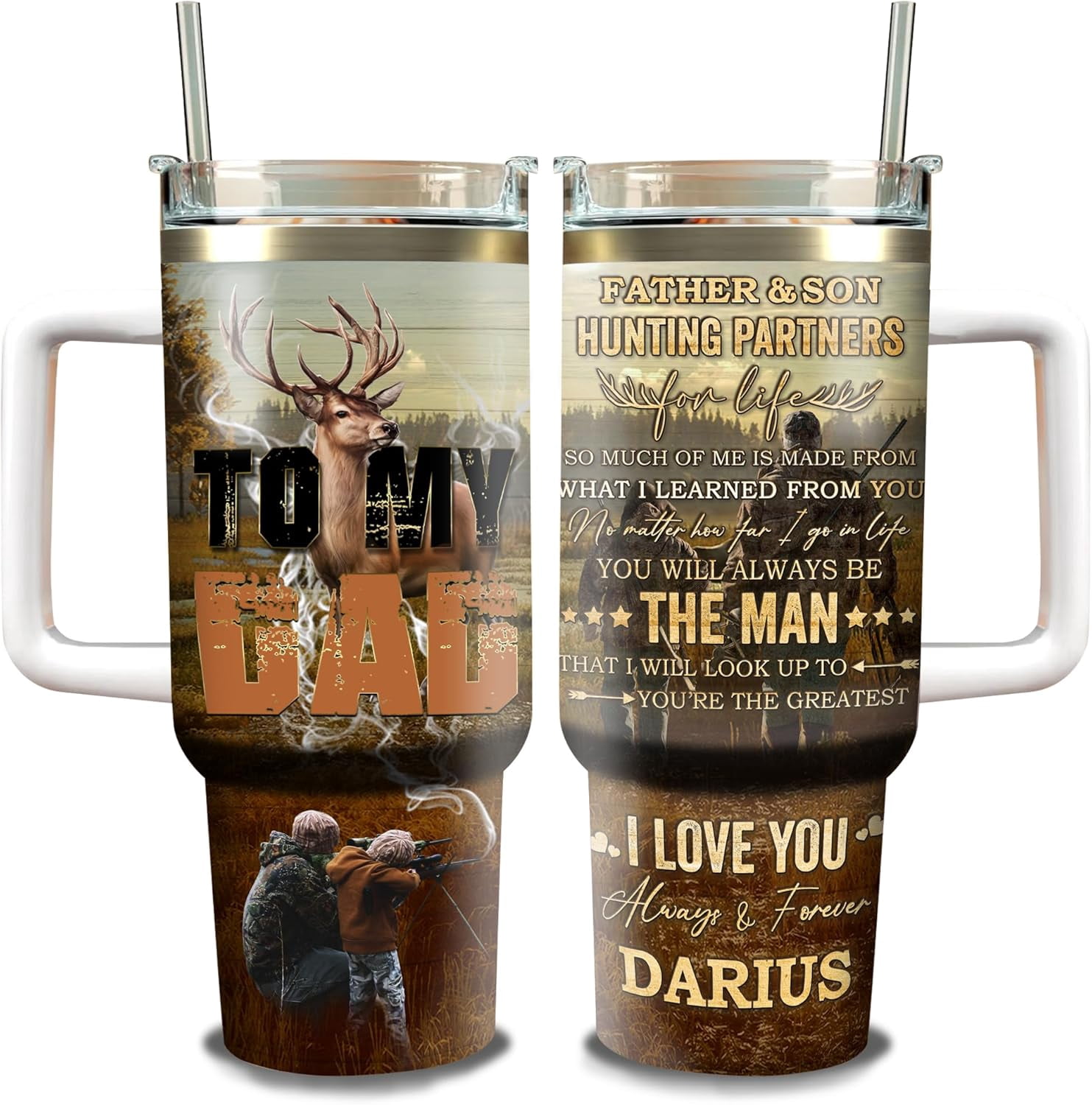 Personalized Hunting Tumbler 40oz - Stainless Steel Vacuum Insulated Cup With Handle & Straw, Custom Deer Hunting Design Gift For Dad, Husband, Hunter - Birthday, Christmas