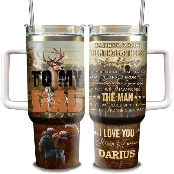 Personalized To My Dad Hunting Deer Tumbler Custom Name Partners for Life Gifts Birthday Christmas Fathers Day For Dads Father Insulated Stainless Steel Tumbler 40oz with Handle and Straw