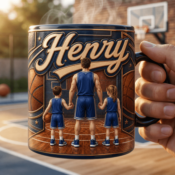 Personalized Dad Magic Mug Basketball Family Gift with Kids Back View Design