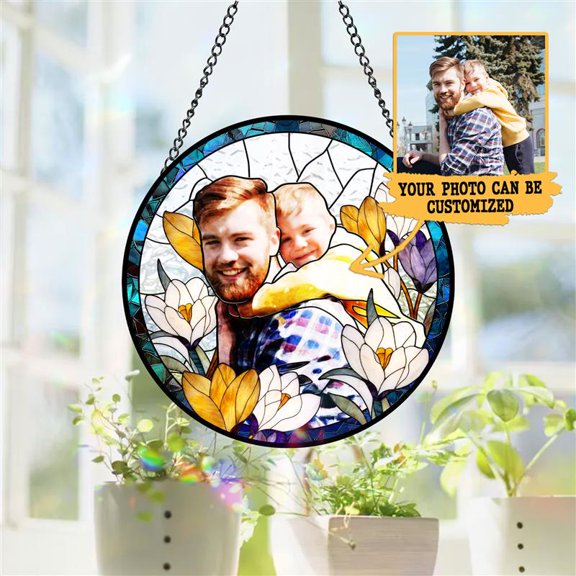Personalized Dad Photo Suncatcher - Custom Stained Glass Style Picture - Father's Day Keepsake Window Decor