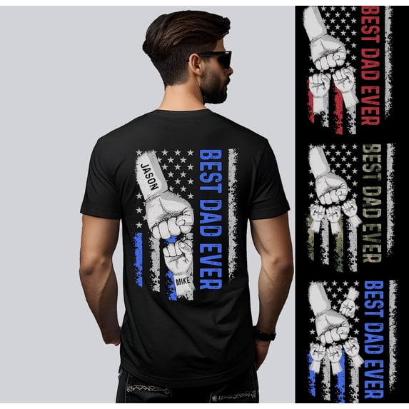 Personalized Dad Raised Fist Bump Custom Names Gift Daddy Best Ever T-shirt