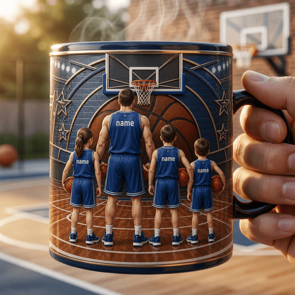 Personalized Dad With Three Kids Magic Mug, Basketball Family Gift for Dad