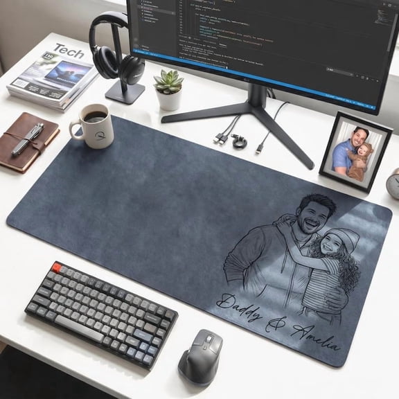 Personalized Daddy Photo Desk Mat, Custom Leather Mouse Pad Father's Day Gift