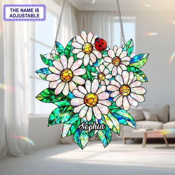 Personalized Daisy Flower Ladybug Acrylic Suncatcher, Custom Name Holographic Window Hanging Decor, Garden and Nature Lover Gift
