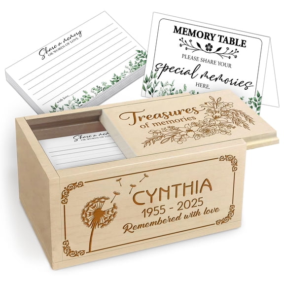 Personalized Dandelion Memorial Memory Box with Custom Name – Wooden Keepsake Box with 120 Cards for Celebration of Life or Funeral Service