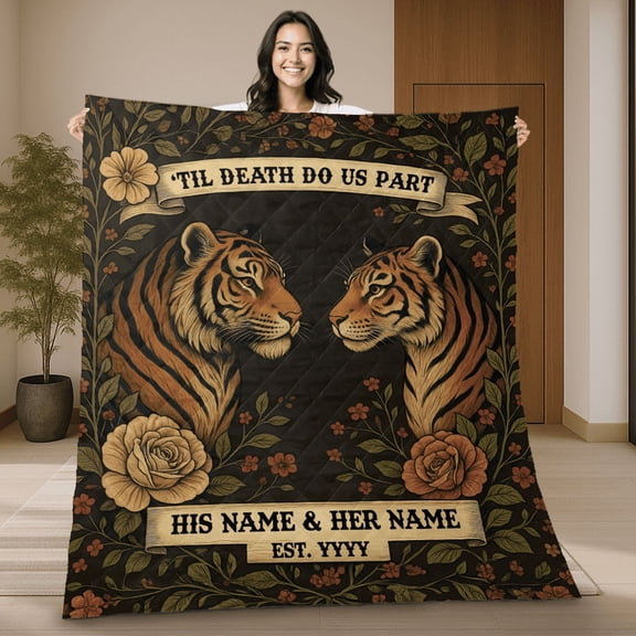 Personalized Dark Botanical Tiger Couple Quilt Blanket – Custom Name Majestic Tiger Couple Quilt - Unique Wildlife Quilt, Gift for Birthday, Halloween, Christmas, Anniversary, Valentine