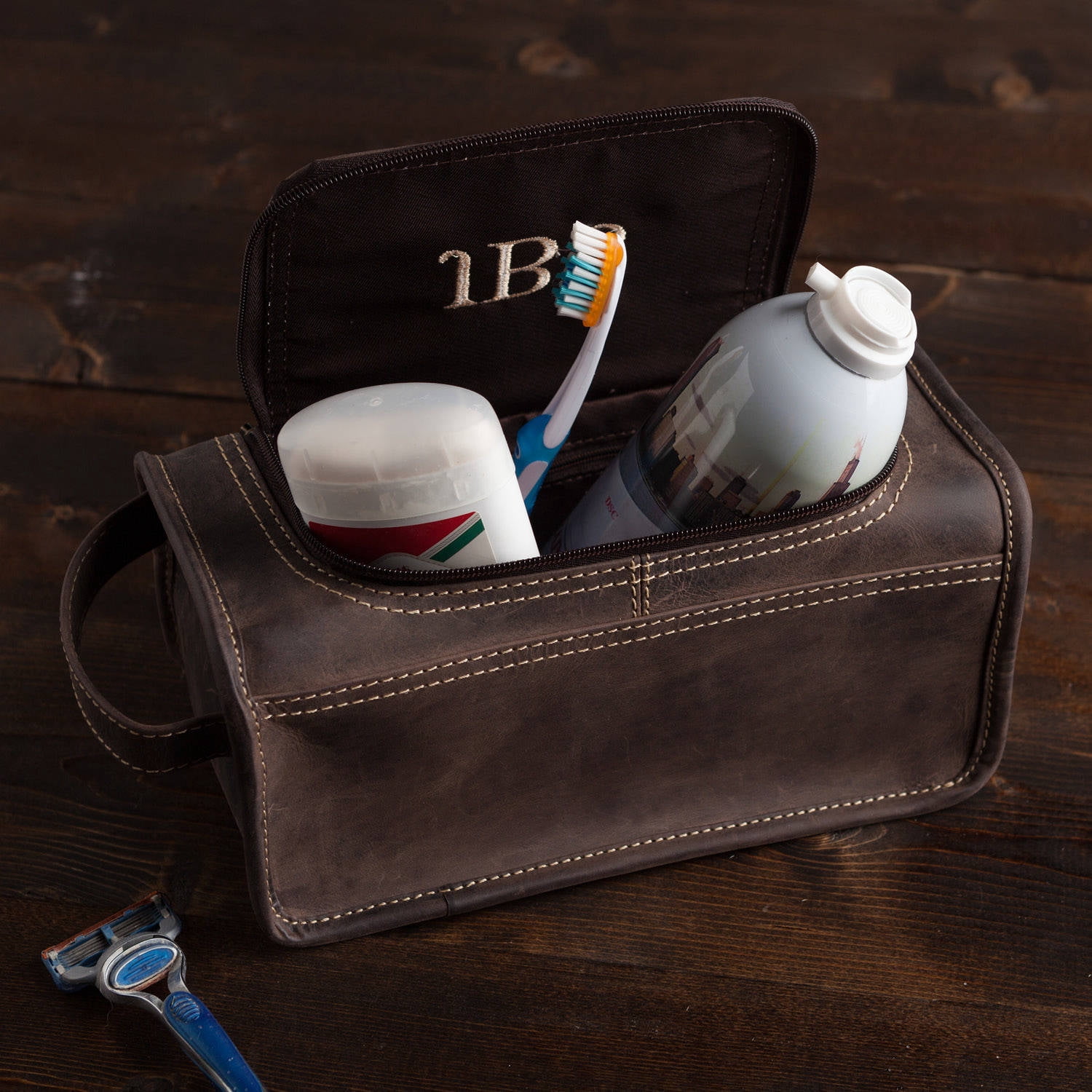 Personalized Dark Brown Leather Toiletry Bag
