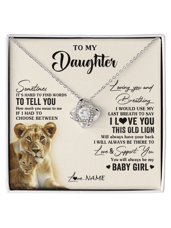 Personalized To My Daughter Necklace From Mom Mother I Love You This Old Lion Daughter Birthday Graduation Christmas Jewelry Customized Gift Box Message Card, White Love Knot Necklace