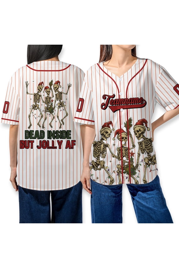 Personalized Dead Inside But Jolly AF Skeleton Christmas Baseball Jersey – Funny Holiday Santa Skull Shirt – Custom Team Name & Number Unisex Xmas Tee