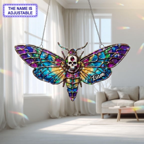 Personalized Death Head Moth Acrylic Suncatcher, Custom Name Holographic Window Hanging Decor, Halloween Home Decor