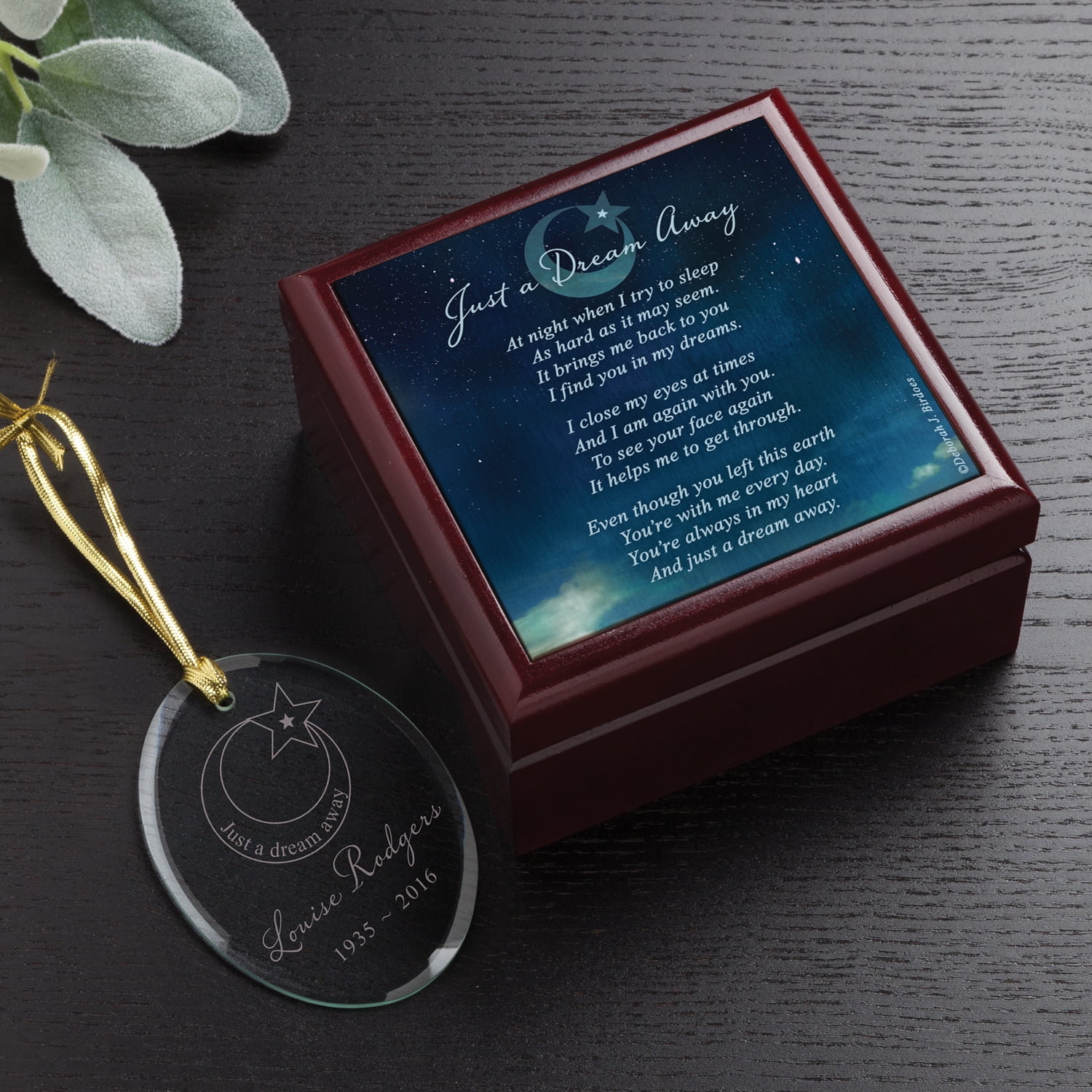 Personalized Deborah Birdoes Just A Dream Away Glass Ornament and Blue Keepsake Box