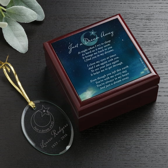 Personalized Deborah Birdoes Just A Dream Away Glass Ornament and Blue Keepsake Box