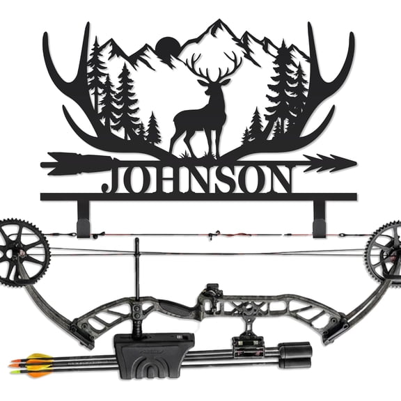 Personalized Deer Antler Bow Holder Wall Mount, Archery Deer Head Bow Rack with Custom Name Plate,Hunting Cabin Bow DisplaySign,Rustic Deer Wall Decor for, utdoor Lovers Home Decor Gift