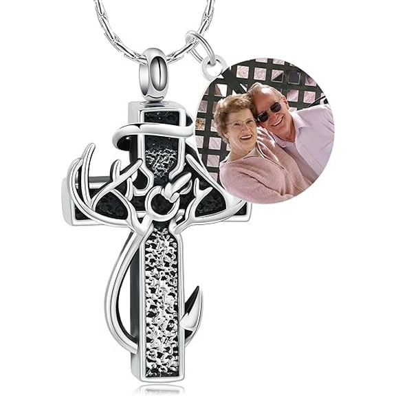 Personalized Deer Antler Urn Necklace for Ashes Fish Hook Cremation Necklace Customized Engraving Photo for Men Women Memorial Keepsake Funnel Jewelry