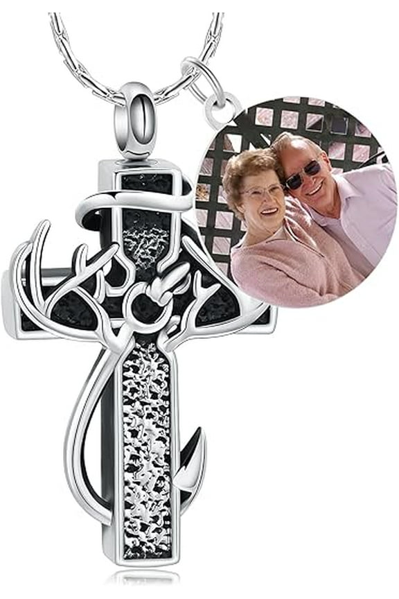 Personalized Deer Antler Urn Necklace for Ashes Fish Hook Cremation Necklace Customized Engraving Photo for Men Women Memorial Keepsake Funnel Jewelry