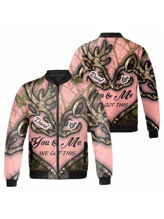 Personalized Deer Antlers Couple Pink Camouflage Bomber Jacket – Custom "You & Me, We Got This" Unisex Jacket Gift For Hunters, Valetine's Day, Wedding Anniversary
