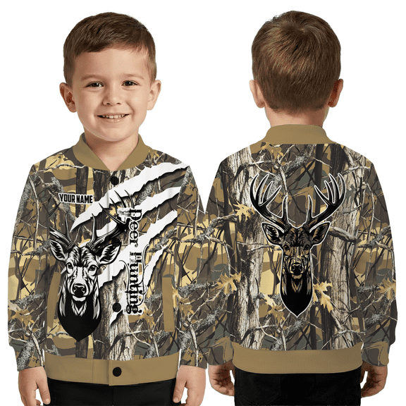 Personalized Deer Baseball Jacket – Custom Camo Buck Outdoor Jacket, Fall Season Hunting Coat, Deer Lovers Gift