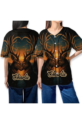 Personalized Deer Couple Baseball Jersey – Sunset Hunting Scene Shirt, Custom Name Gift for Hunters & Outdoor Lovers