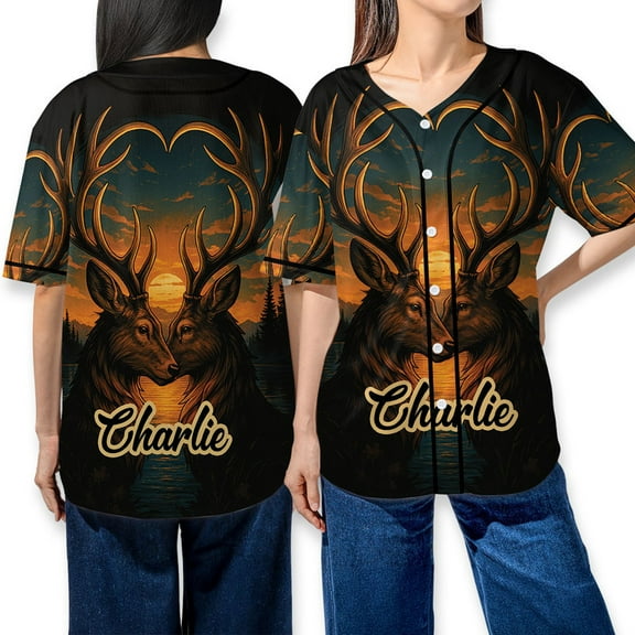 Personalized Deer Couple Baseball Jersey – Sunset Hunting Scene Shirt, Custom Name Gift for Hunters & Outdoor Lovers